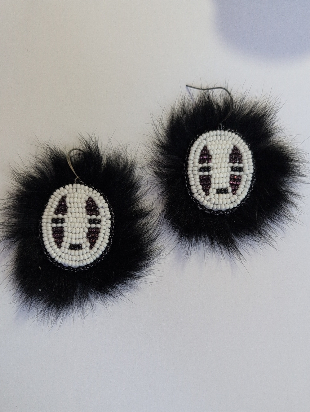 Beaded No-Face Real Fur Fringe Earrings - Black & White